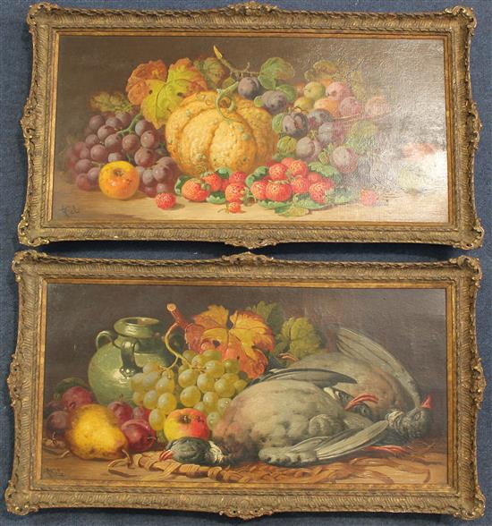 Charles Thomas Bale (fl.1866-1875) Still lifes of pigeons, fruit and a pitcher, 11.5 x 23.5in.